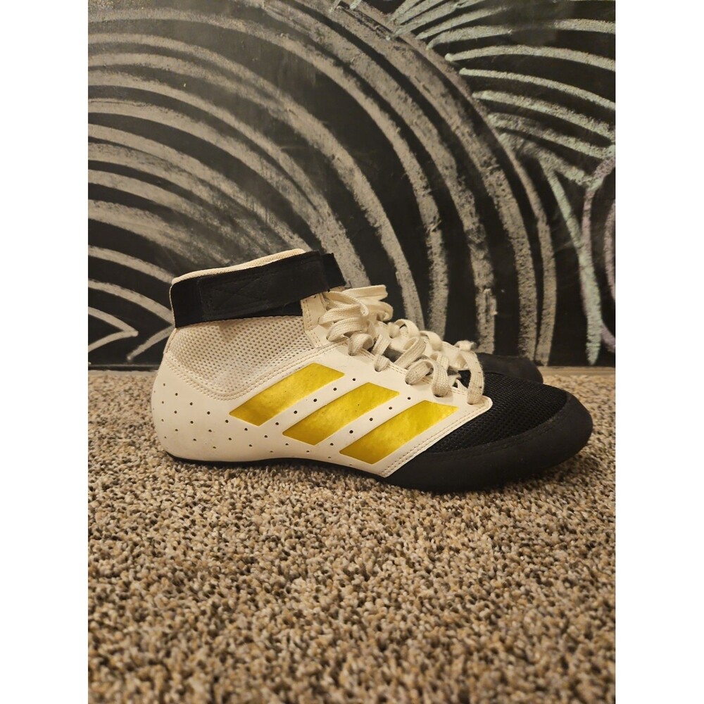 Adidas Mat Hog 2.0 Wrestling Shoes Size 7 'White/Black/Vegas Gold' Three Stripe